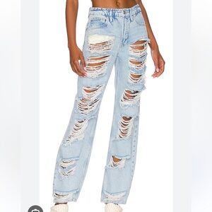 Good American Ripped Distressed Indigo Blue Straight Leg Jeans Sz 00/24